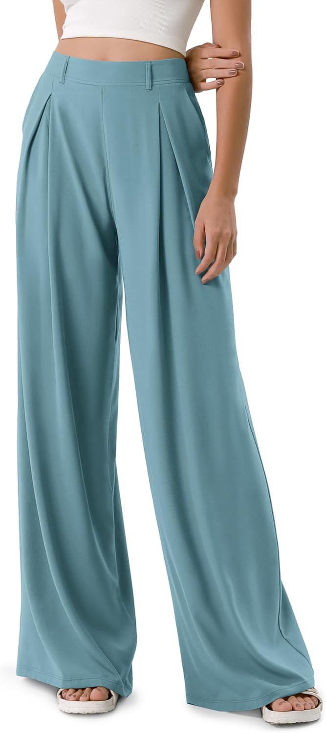 ODODOS Chiffon Flowy Pleated Wide Leg Pants for Women