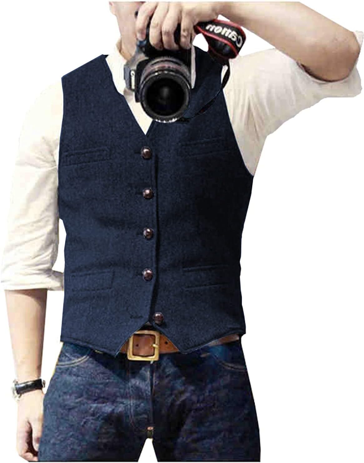 Ceehuteey Mens Suit Vest Waistcoat Tweed Retro V Neck Wool Herringbone