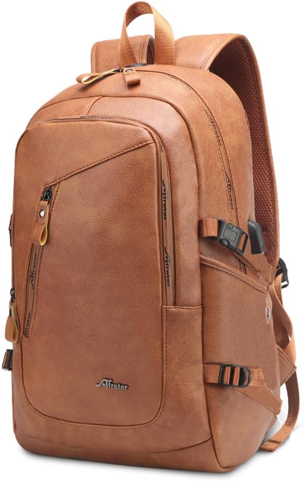 Vegan Leather Laptop Backpack for Travel with USB Charging Port