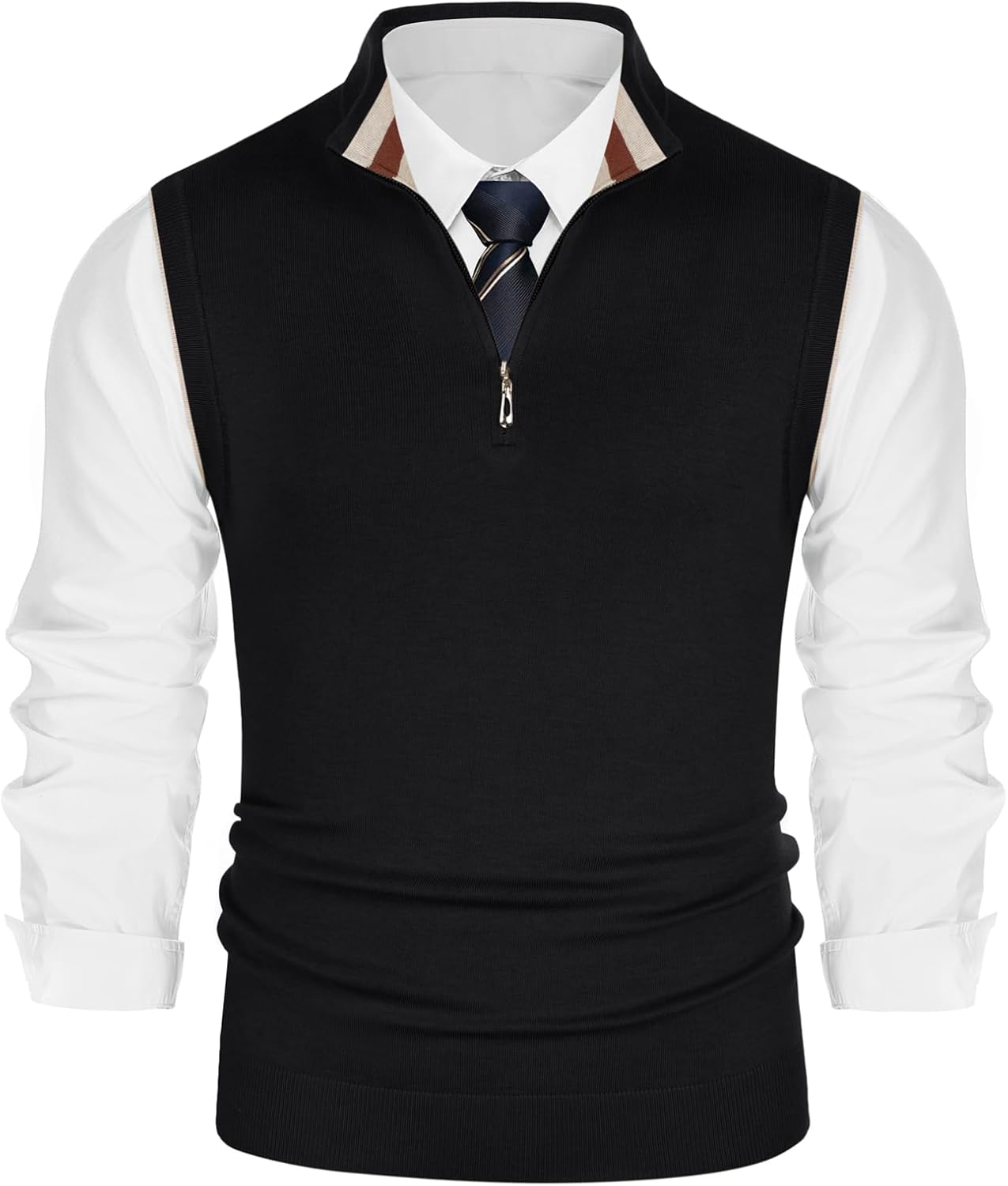 PJ PAUL JONES Mens Sweater Vest with Quarter Zip and Stripes