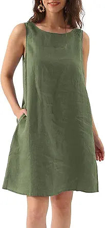 Amazhiyu Women's Linen Sleeveless Shift Dress with Pockets