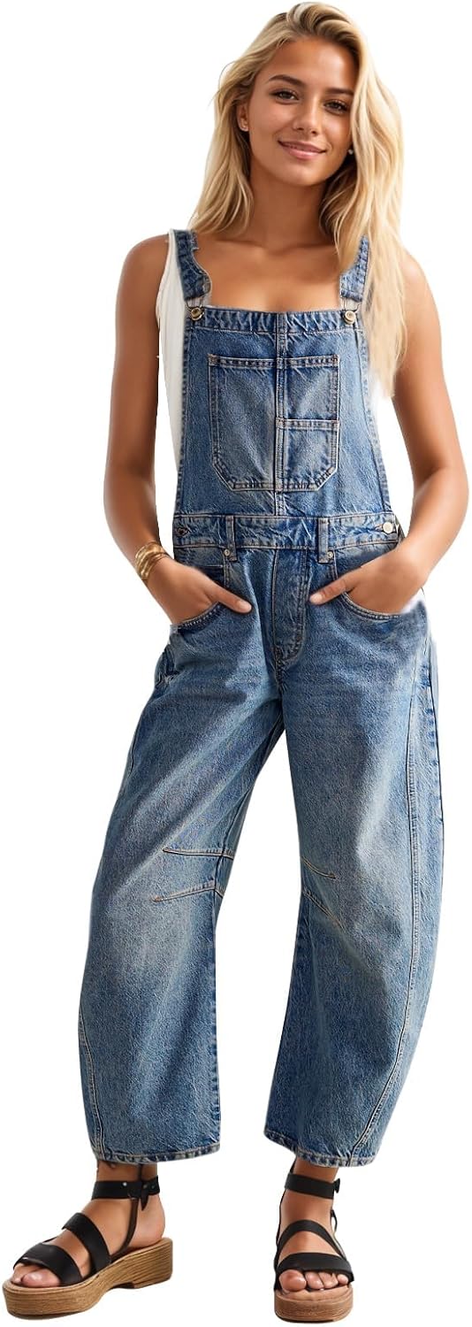 Ladyful Women's Denim Overall Casual Wide Leg Bib Jeans Romper
