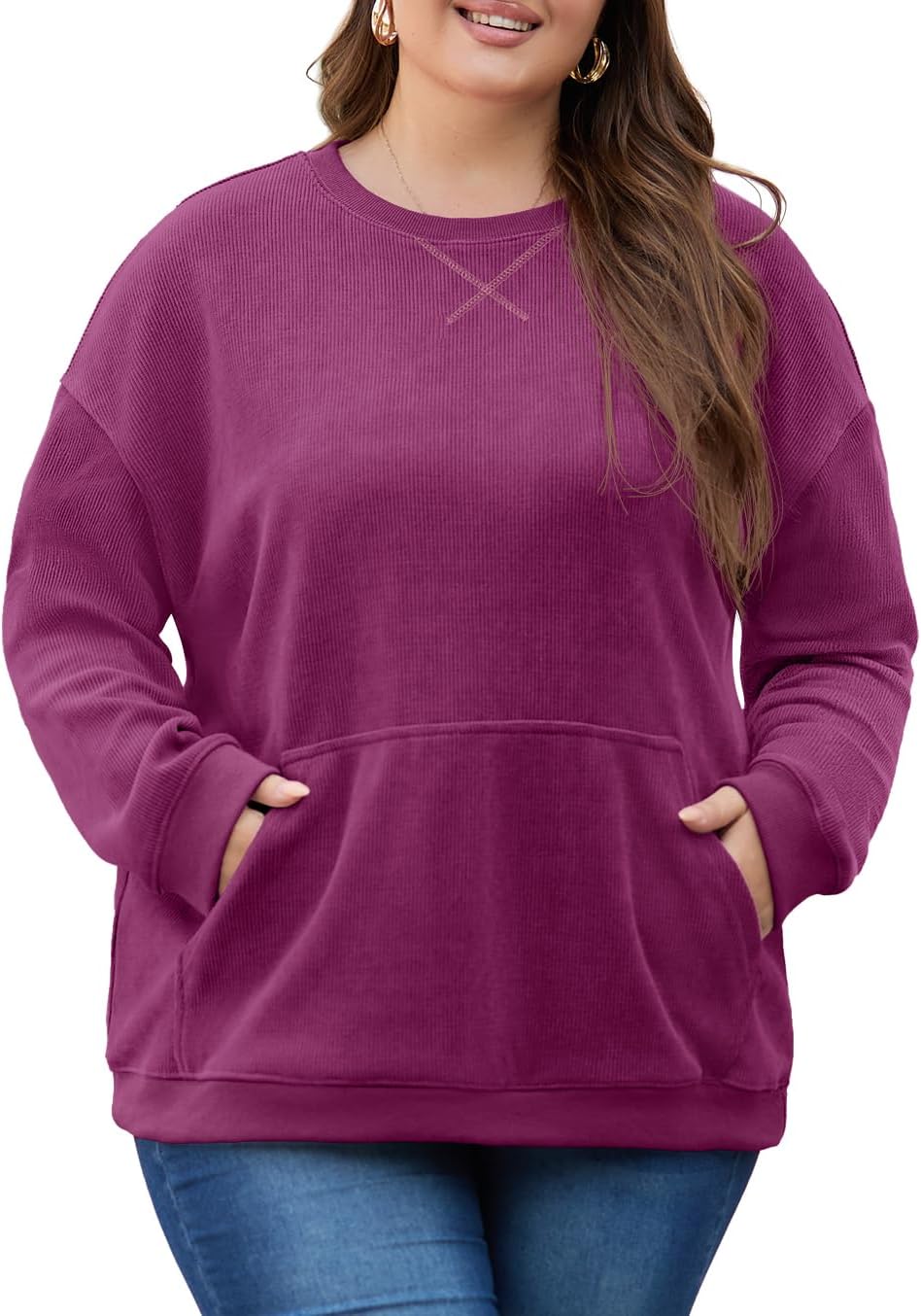 OLRIK Women Plus Size Oversized Corduroy Sweatshirt with Pocket