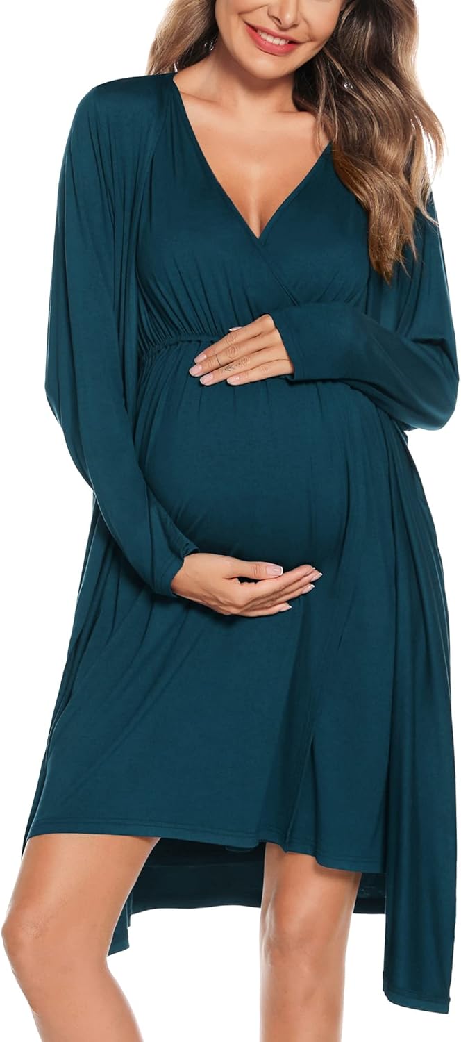SWOMOG Women Maternity Nursing Gown and Robe Set for Comfort