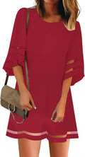 Women's Casual Crewneck Mesh Panel 3/4 Bell Sleeve Tunic Dress