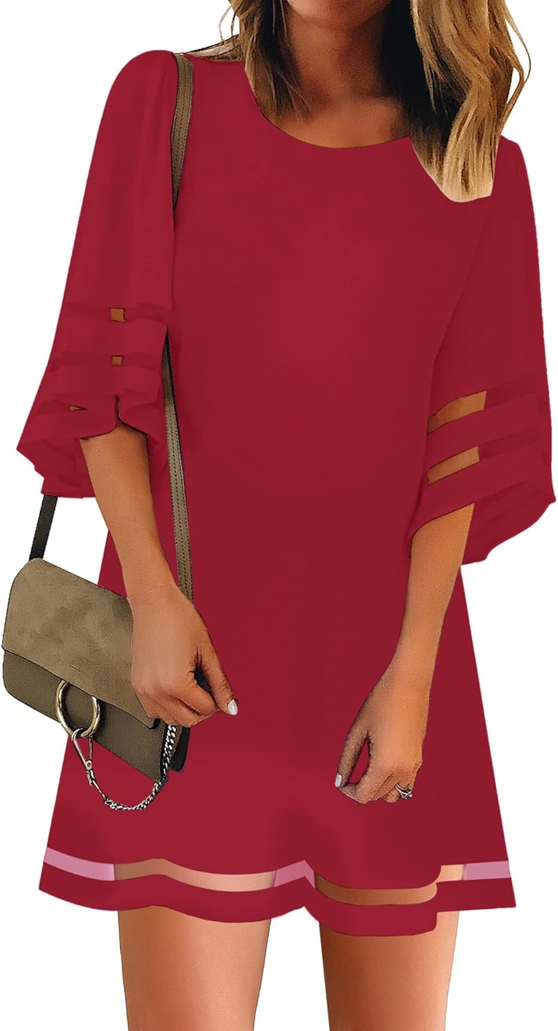 Casual Crewneck Mesh Panel Bell Sleeve Tunic Dress for Women