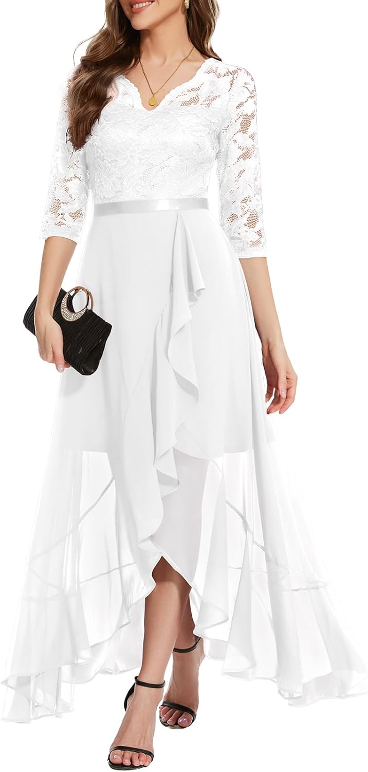 Elegant V-Neck Hi-Lo Floral Lace Dress for Wedding Guests