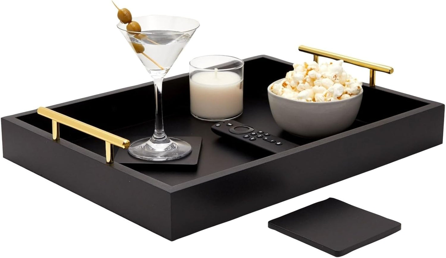 Elegant Black Wooden Serving Tray with Interchangeable Handles