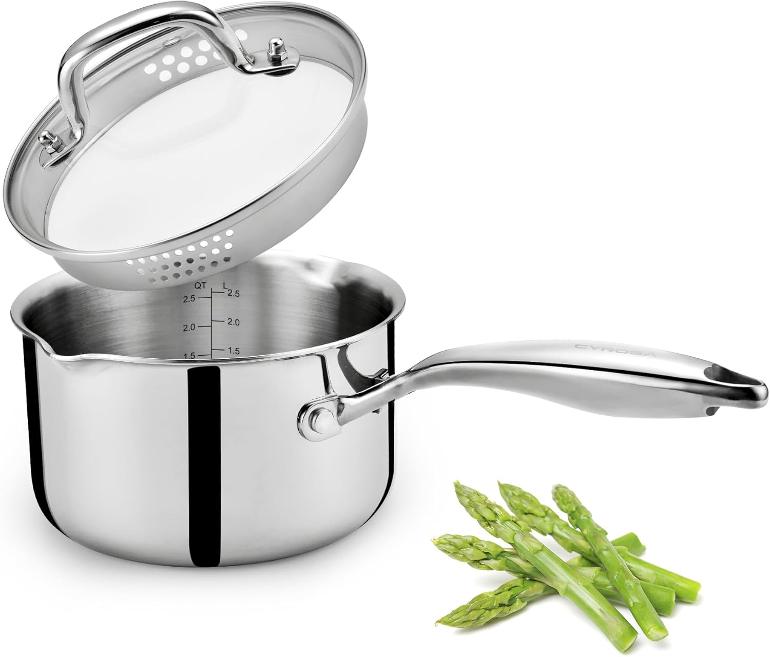 Cyrosa 3.5 Quart Stainless Steel Saucepan with Strainer Lid