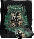 Harry Potter Blanket 60x80 Hogwarts Green and Gold Floral Crest - Cozy