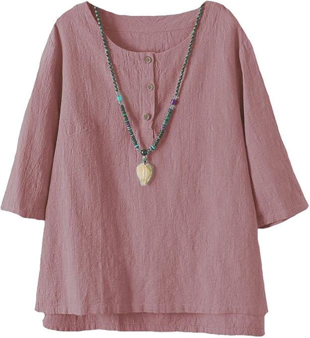Minibee Women's 3/4 Sleeve Cotton Linen Jacquard Blouses Top