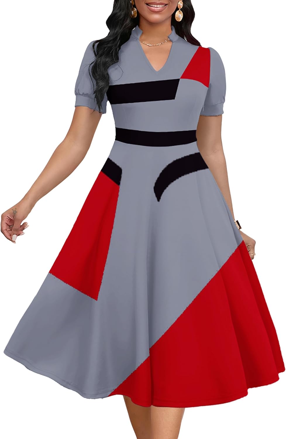 Womens Short Puff Sleeve V Neck Casual Cocktail A-Line Dress