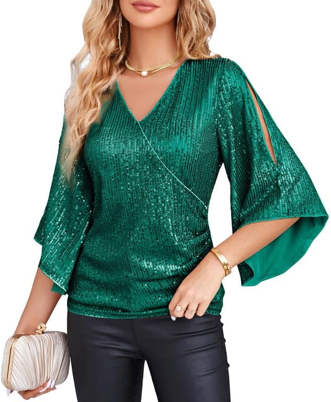 Sparkly Sequin Tops for Women - Elegant V-Neck Blouse