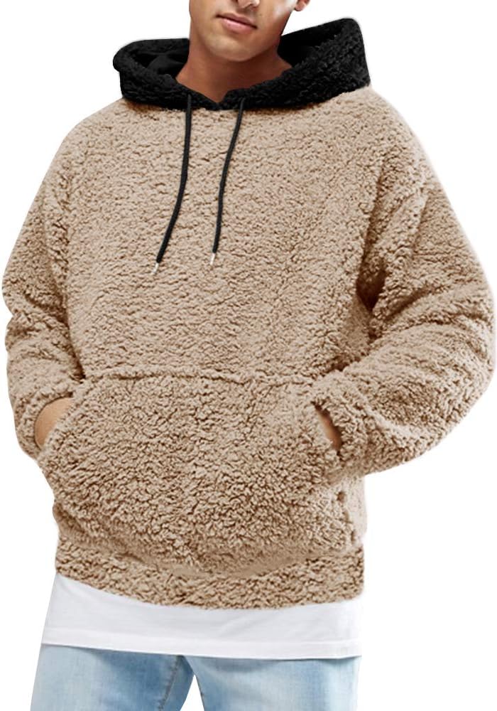 Runcati Mens Fuzzy Sherpa Pullover Hoodie for Winter Style