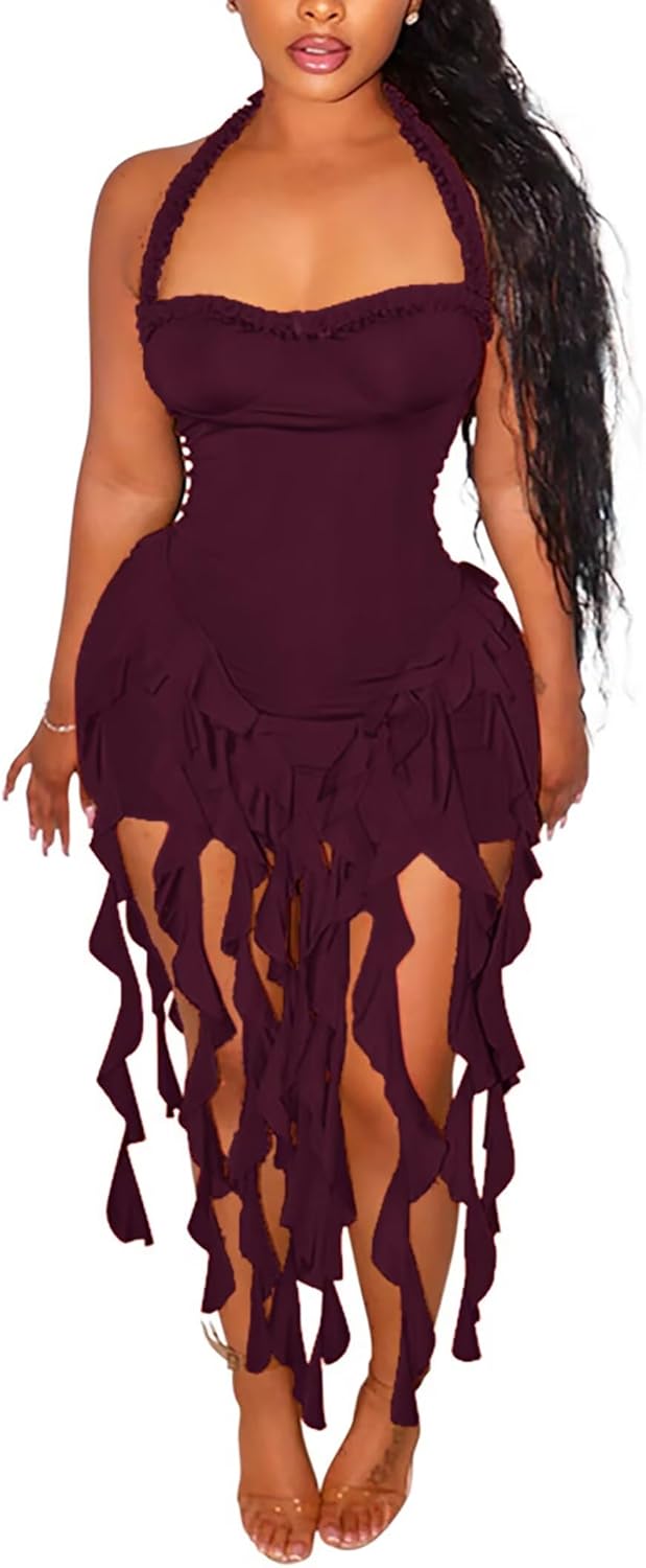 Aro Lora Sexy Halter Neck Ruffle Tassel Mini Dress for Parties