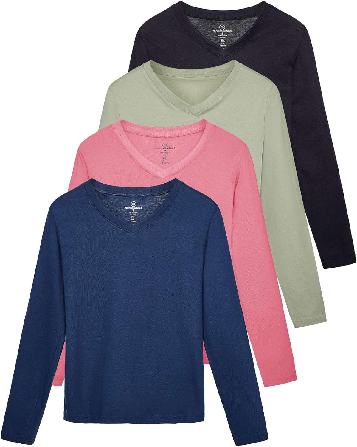 Real Essentials Women's V-Neck Cotton Long-Sleeve T-Shirts
