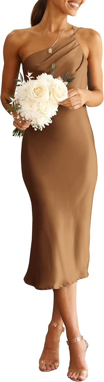Stylish Midi Satin Dress for Women - One Shoulder Bodycon Design