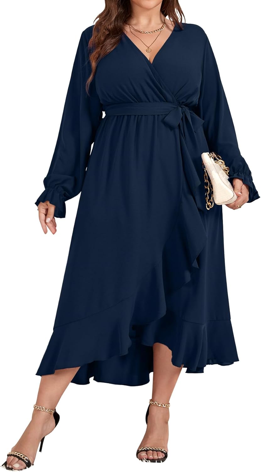 Plus Size Formal Dresses for Women - Long Sleeve Ruffle Maxi