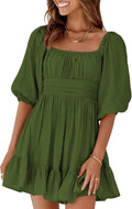 Dokotoo Womens Summer Square Neck Tie Back Lantern Sleeve Dress Casual