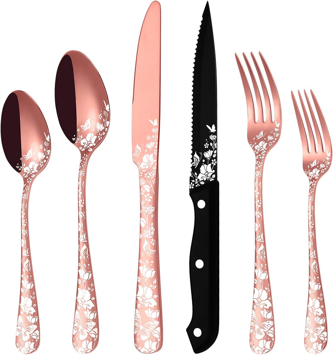 Elegant 24 Pcs Rose Gold Silverware Set with Steak Knives