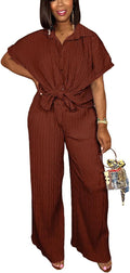 Two Piece Women's Button Down Shirt and Wide Leg Pants Set - Relaxed