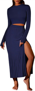 Pink Queen Women's Ribbed Sweater Set with Crop Top and Maxi Skirt