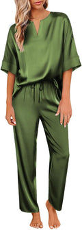 Satin Pajama Set for Women V Neck Short Sleeve with Long Pant - Soft