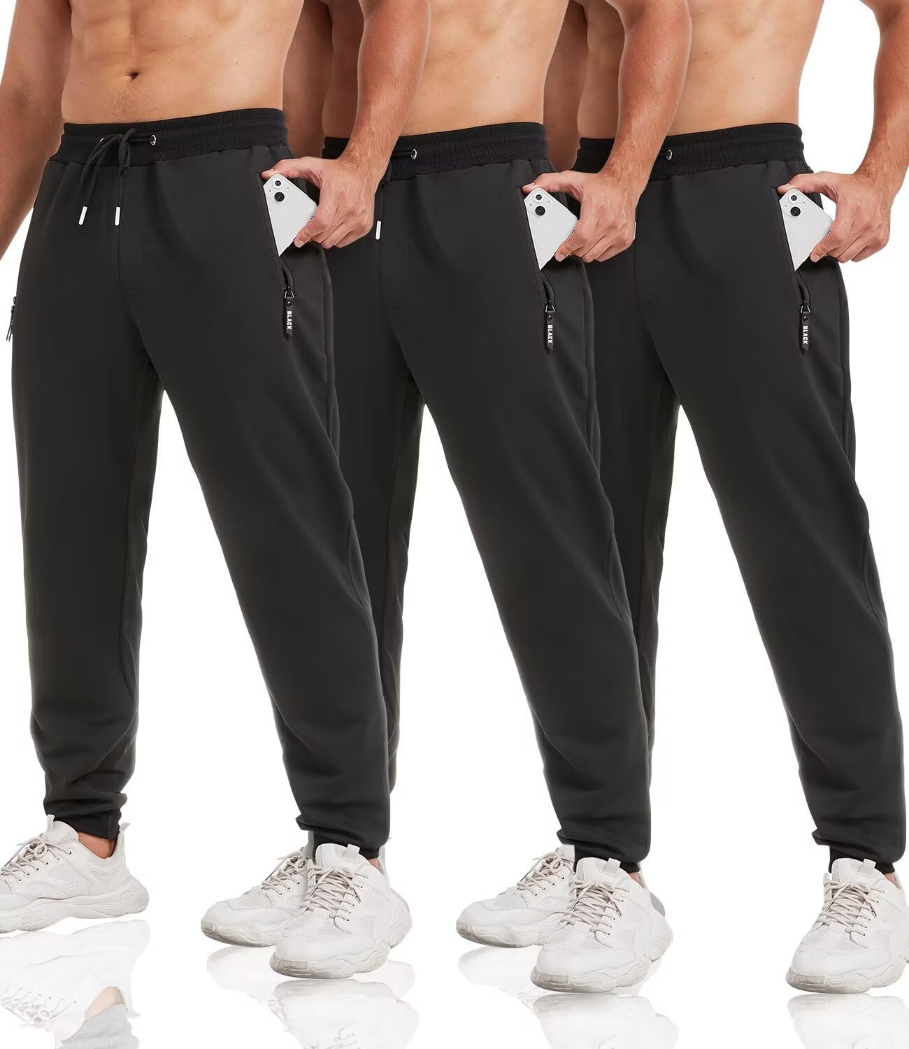 3 Pack Sweatpants for Men Tapered Joggers with Zip Pockets
