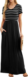Women Summer Crew Neck Floral Long Maxi Dress with Pockets