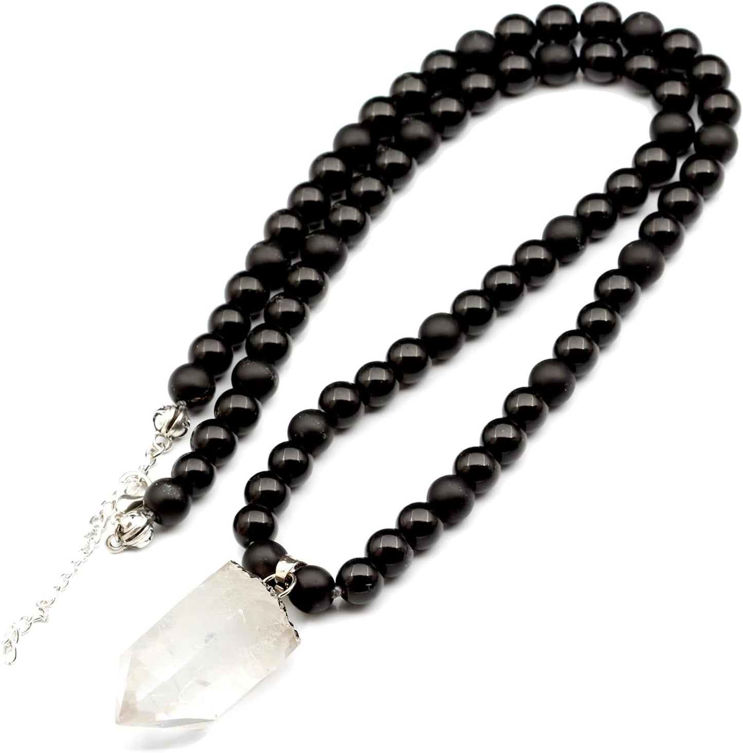 Natural Raw Tourmaline Pendant with Black Onyx Beaded Necklace