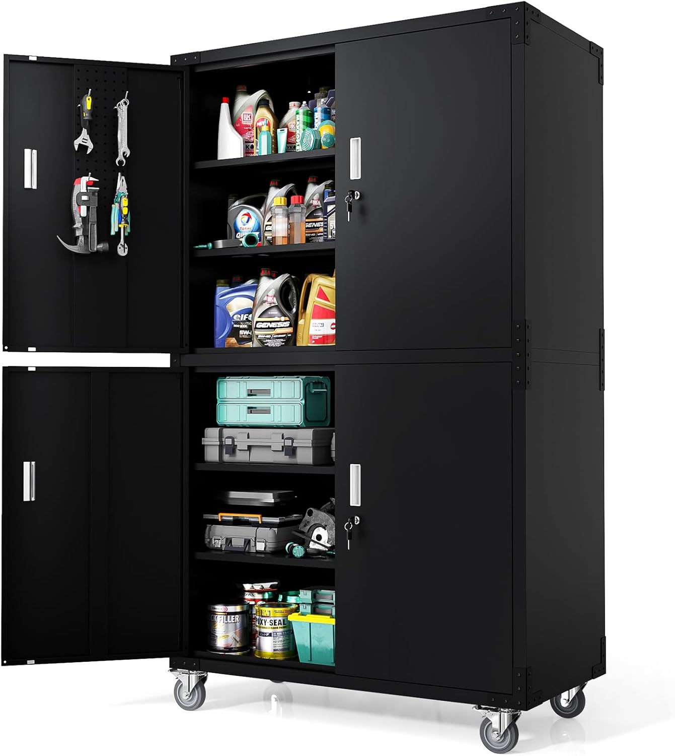 VINGLI Large Garage Storage Cabinet with 4 Doors and Wheels