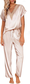 Ekouaer Silk Pajamas Set Womens Lace V Neck Satin Short Sleeve - Soft