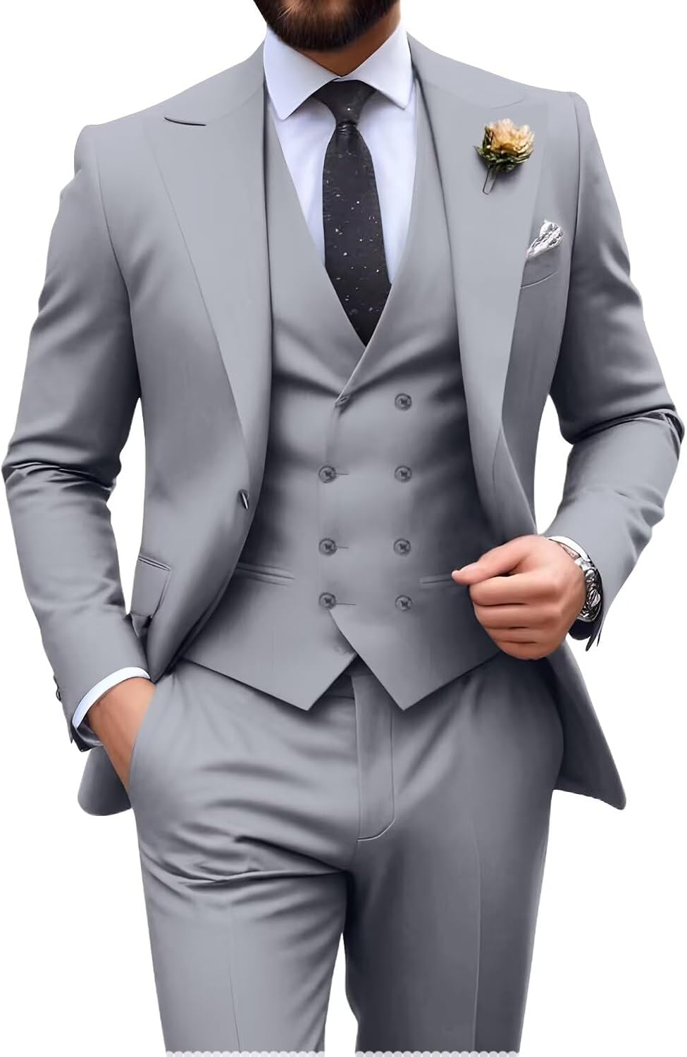 Mens Suit Slim Fit 3 Piece Double Breasted Tuxedo Set for Weddings