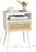 MaxSmeo Nightstand with Charging Station and Rattan Drawer