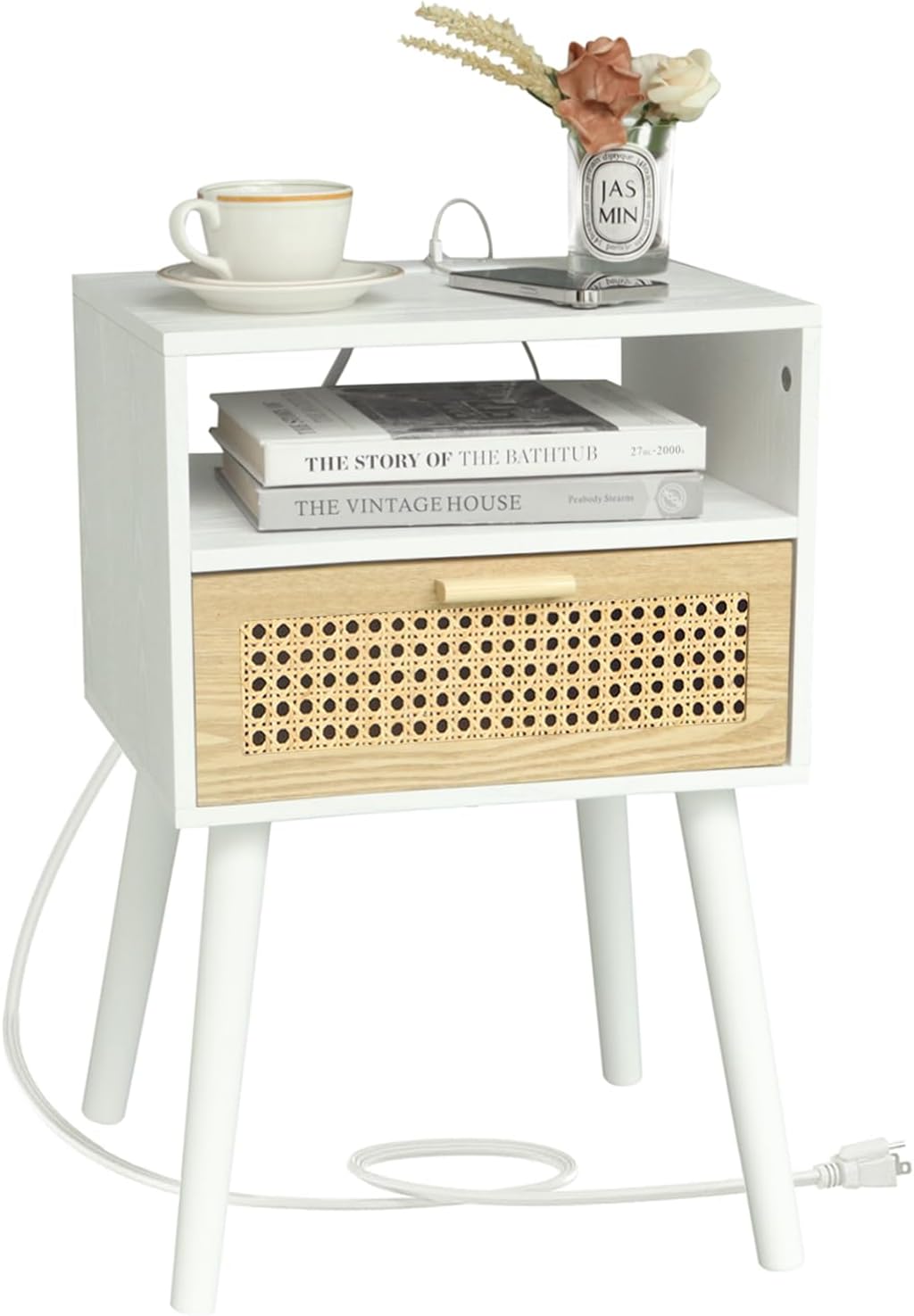 MaxSmeo Nightstand with Charging Station and Rattan Drawer
