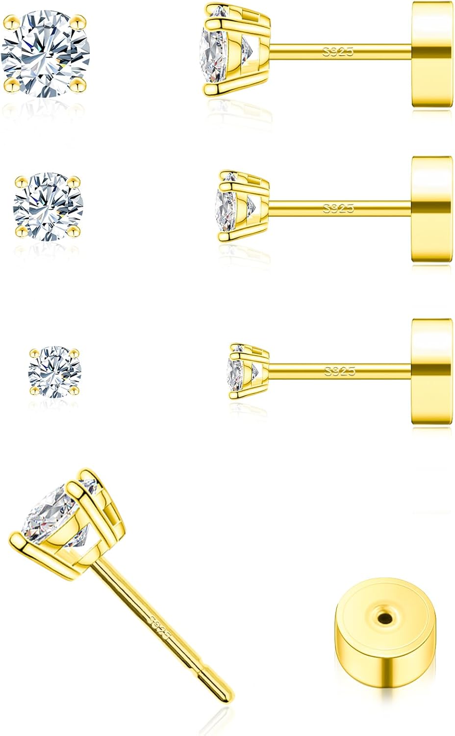 3 Pairs Moissanite Flatback Stud Earrings for Women, 925 Silver