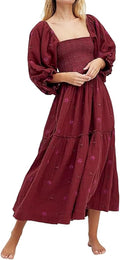 Women Floral Embroidered Maxi Dress Long Puff Sleeve Square Neck soft