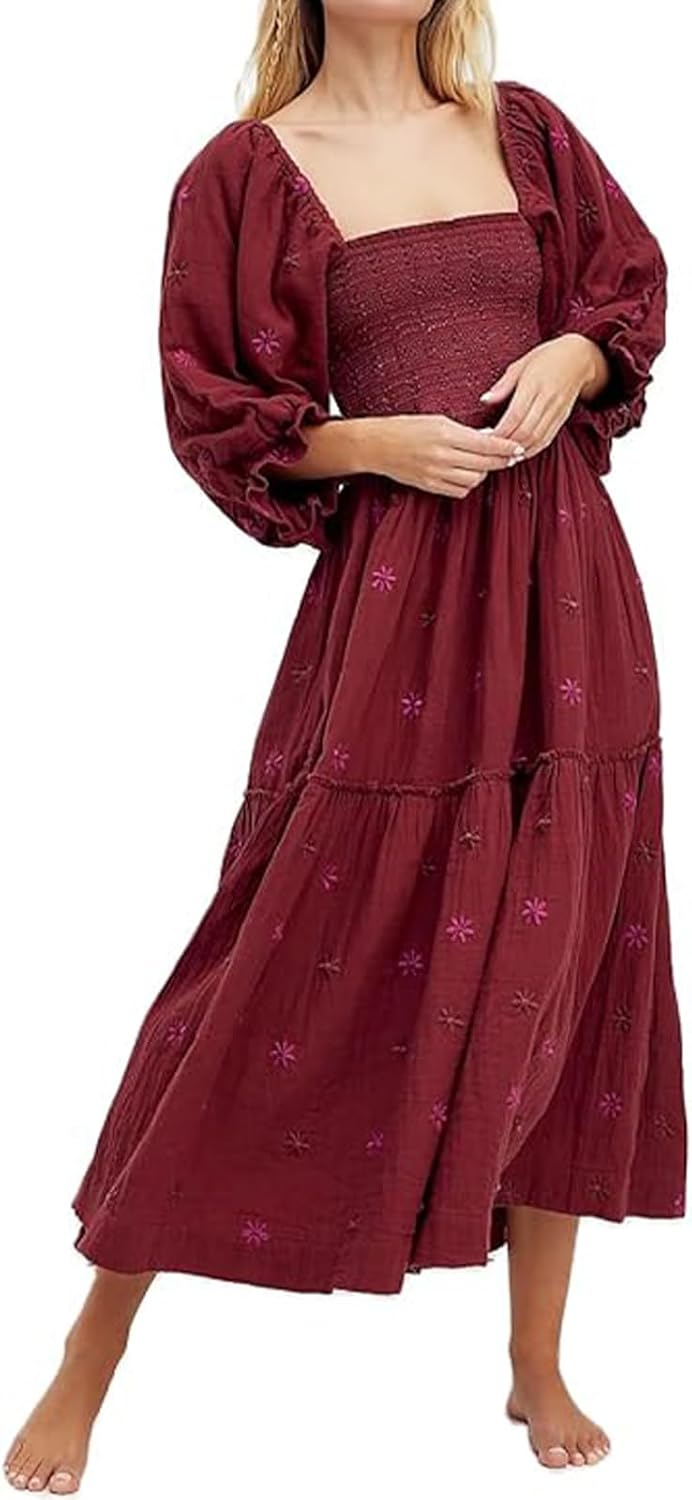 Women Floral Embroidered Maxi Dress with Puff Sleeves and Pockets
