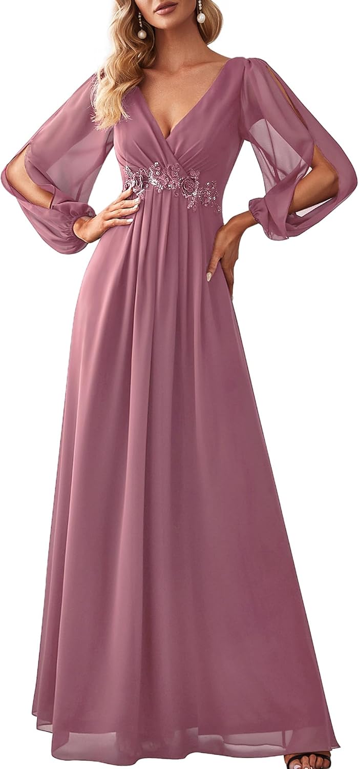 Elegant V Neck Long Lantern Sleeve Chiffon Evening Dress