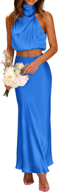 PRETTYGARDEN Satin 2 Piece Summer Set - Chic Mock Neck Crop Top Casual