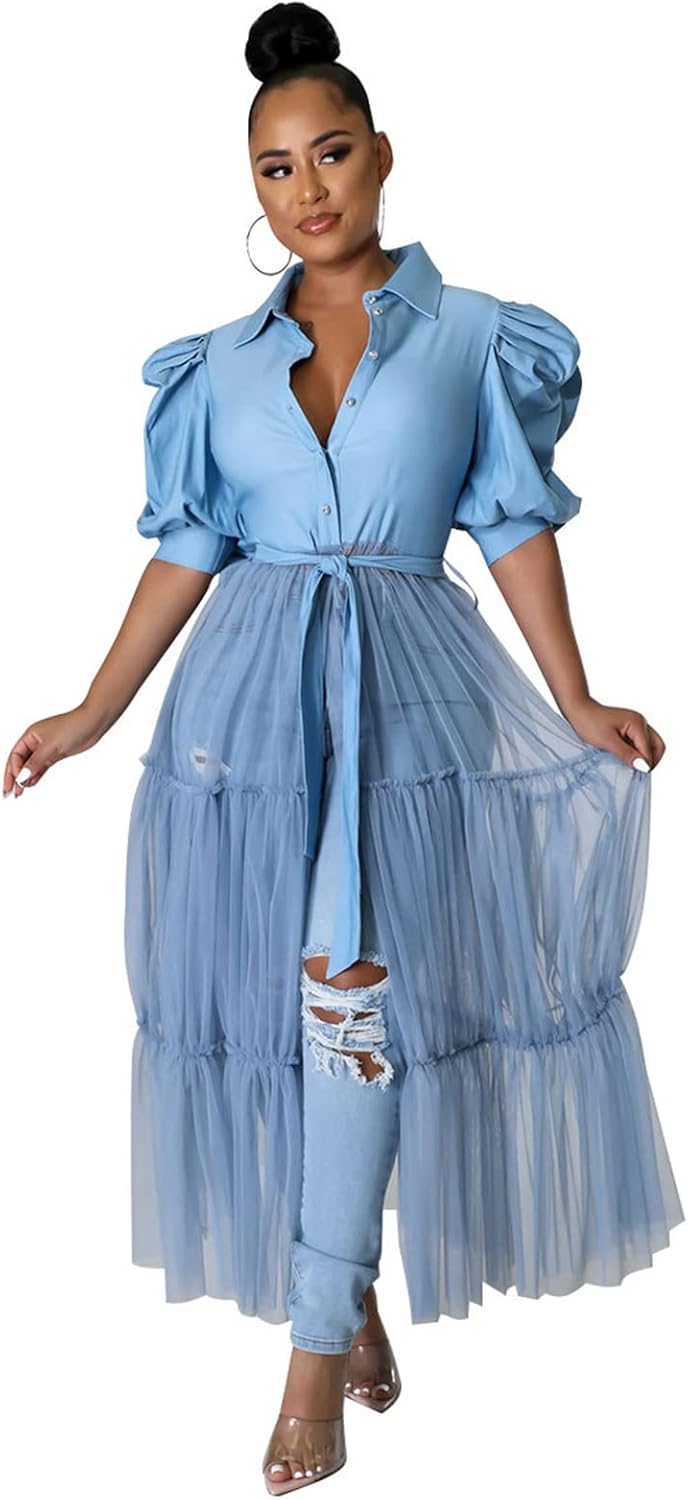Ekaliy Women Sexy Short Sleeve Bodycon High Low Ruffle Tunic