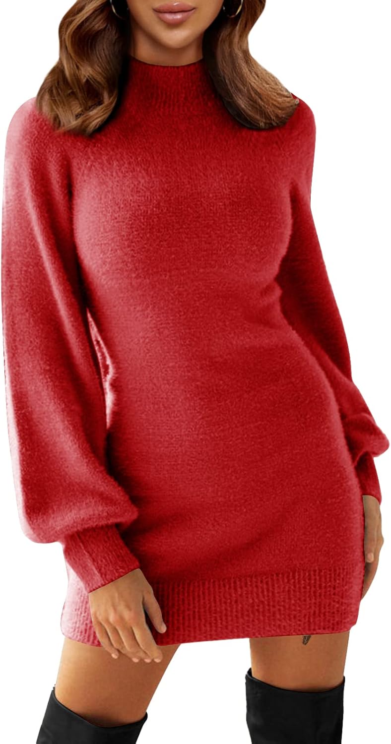 EXLURA Women's Mock Neck Ribbed Long Sleeve Bodycon Dress