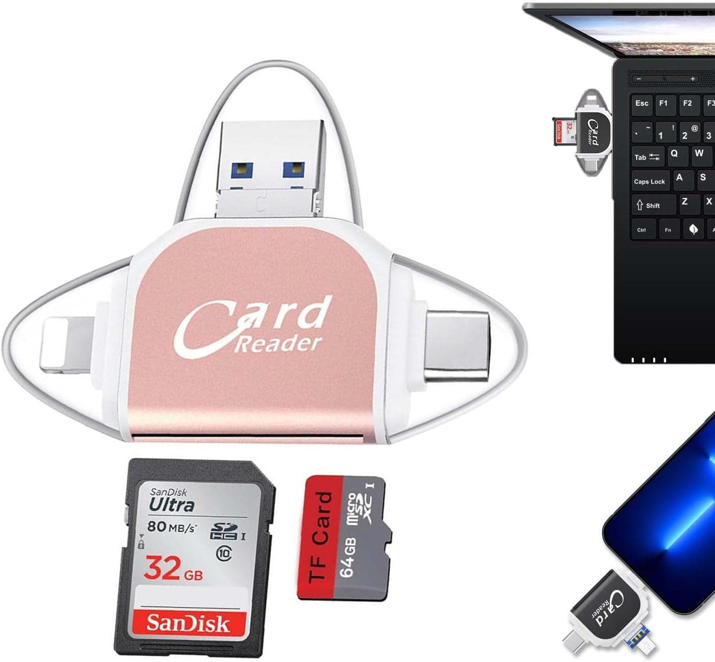 4-in-1 Portable Card Reader & USB C Hub - Pink
