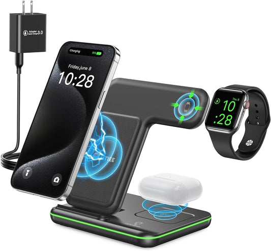Fast 15W 3-in-1 Wireless Charger for Apple Watch, AirPods, iPhone (Black)