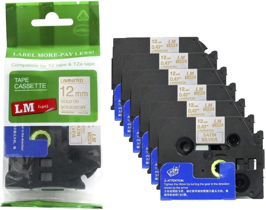 6/Pack LM Tapes Compatible TZe-MQ934 Gold on Satin Silver