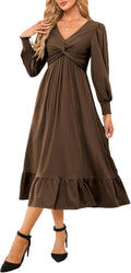 Wrap V-Neck Twist Knot Midi Dress - Flattering A-Line For Fall
