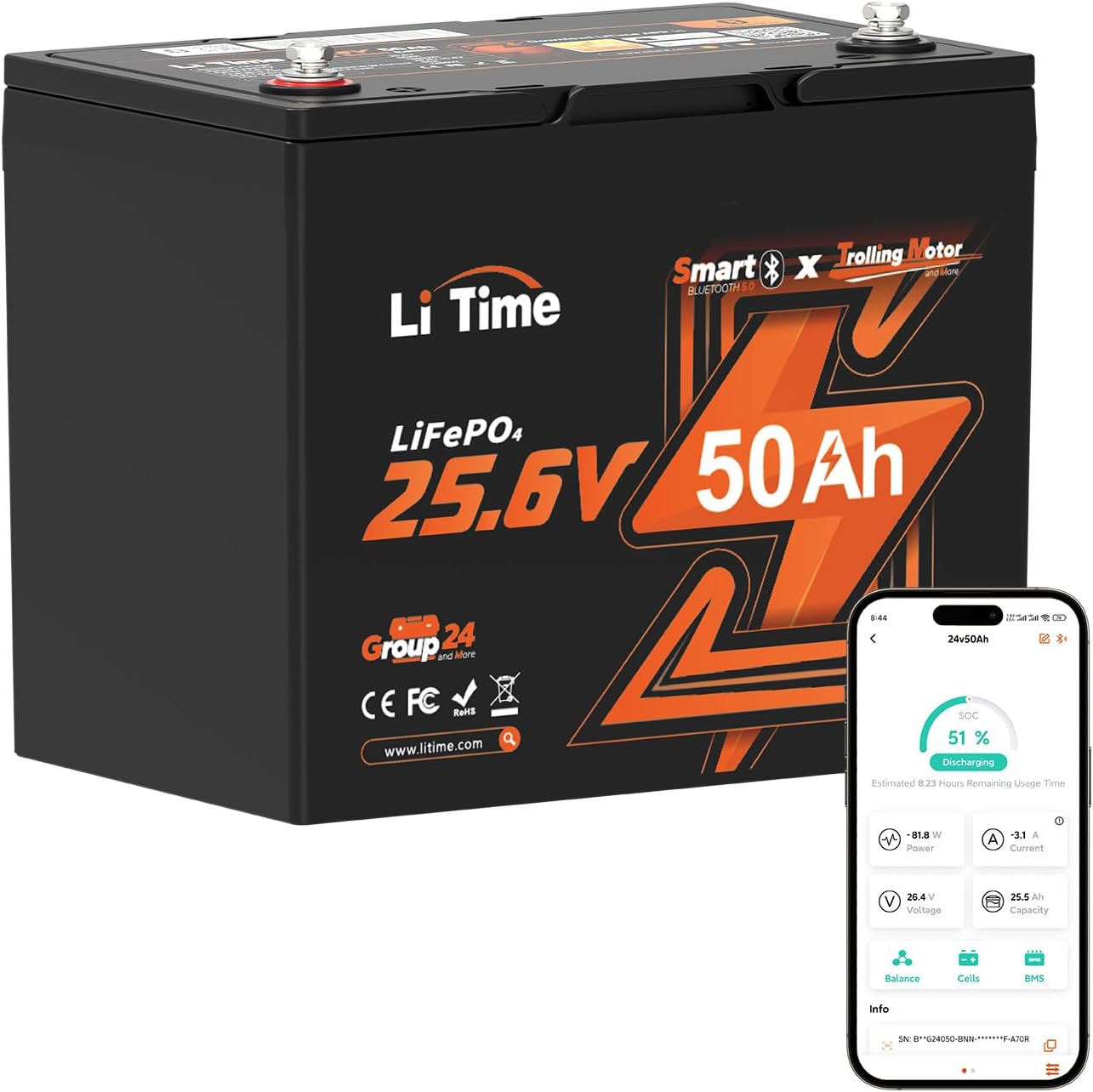 LiTime 24V 50Ah LiFePO4 Deep Cycle Battery for Trolling Motors