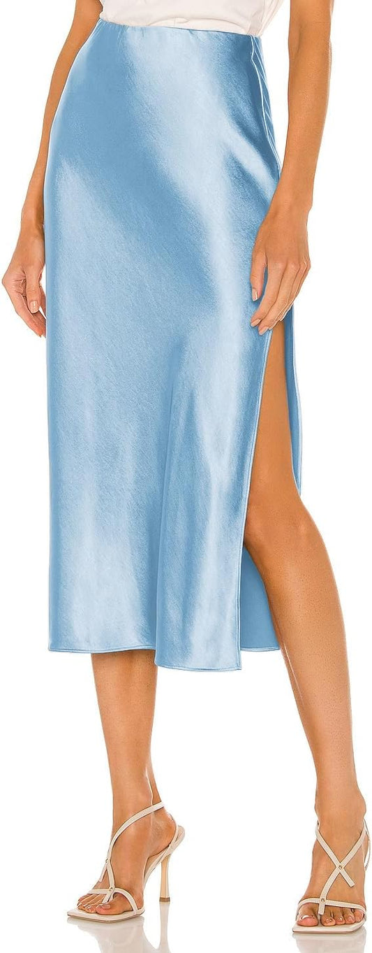 Womens Satin Silk High Waist Slit Midi Skirt for Every Occasion