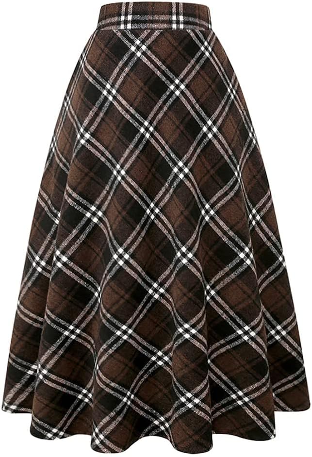 Long Plaid Wool Skirt for Womens Winter Fall Warm High Waist