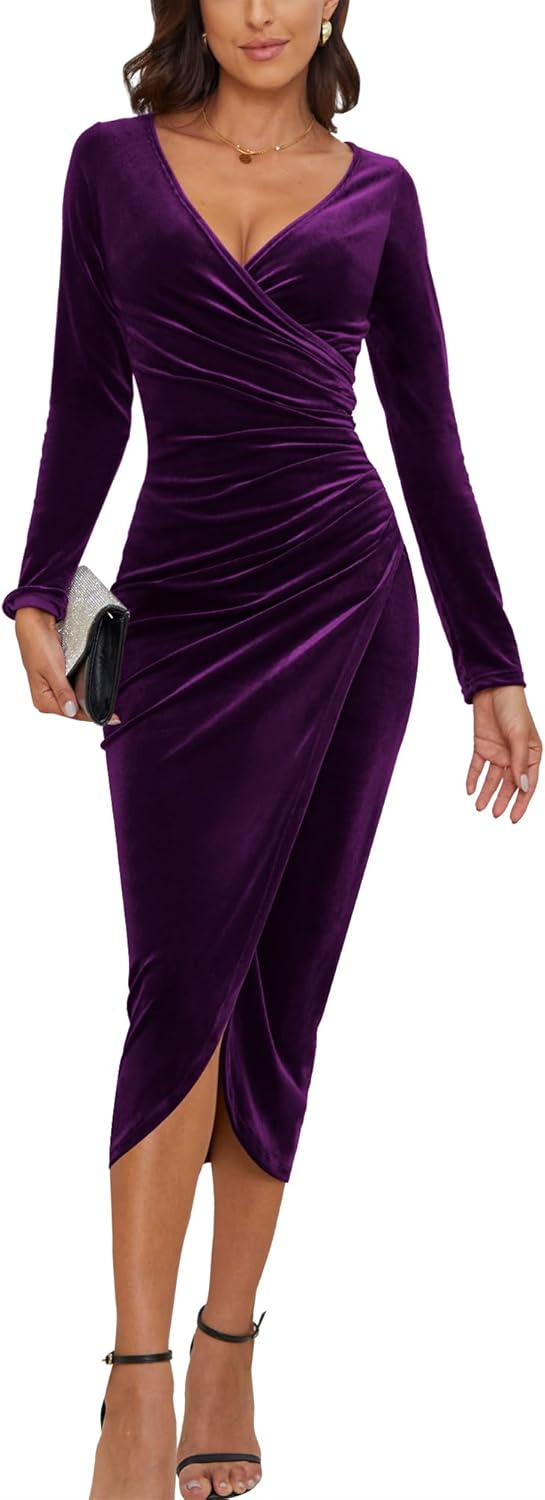 CYiNu Women's V Neck Wrap Velvet Long Sleeve Bodycon Dress